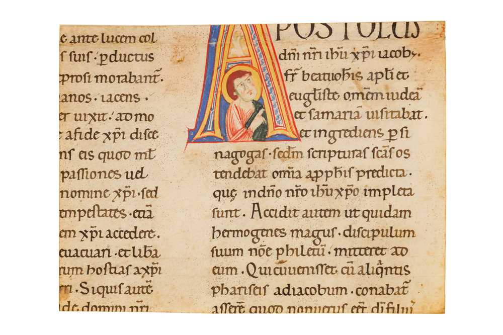 Lot 32 - Illuminated leaf on vellum. St. James the Apostle, [mid c.12th.]