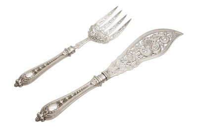 Lot 126 - A CASED PAIR OF VICTORIAN STERLING SILVER FISH SERVERS, SHEFFIELD 1856 BY MARTIN HALL AND CO
