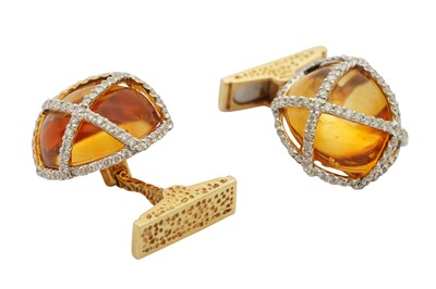 Lot 112 - A PAIR OF CITRINE AND DIAMOND CUFFLINKS