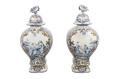 Lot 145 - A PAIR OF 19TH CENTURY FRENCH FAIENCE VASES AND COVERS