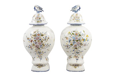 Lot 145 - A PAIR OF 19TH CENTURY FRENCH FAIENCE VASES AND COVERS