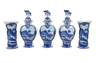 Lot 178 - A 19TH CENTURY DUTCH DELFT GARNITURE OF FIVE VASES