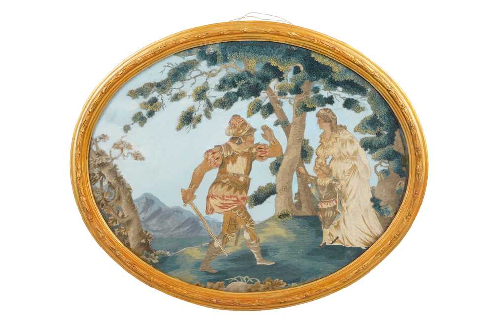 Lot 381 - AN 18TH CENTURY SILK WORKED OVAL PICTURE OF 'RINALDO AND ARMIDA'