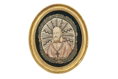 Lot 380 - AN OVAL GILT SILKWORK PANEL OF SAINT PATRICK