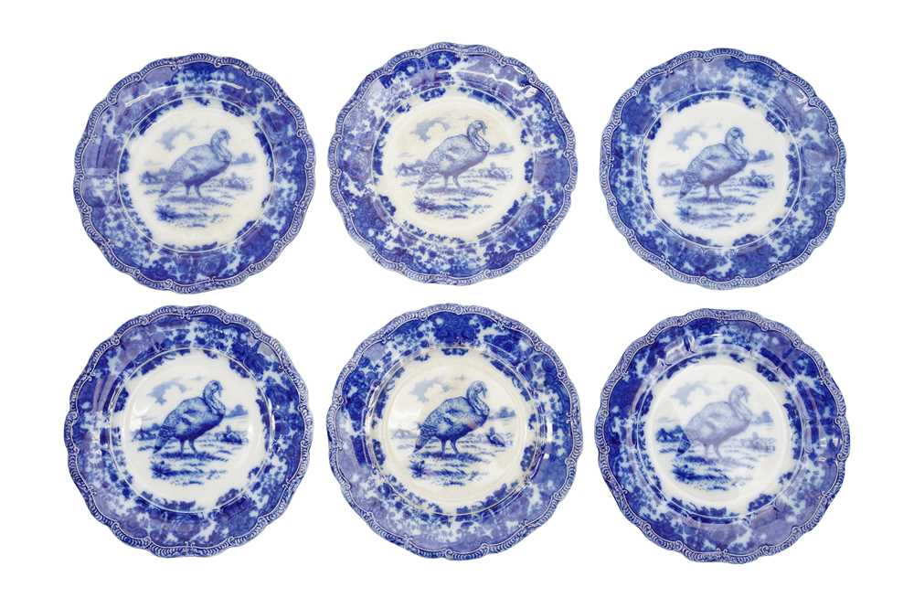 Lot 134 - A SET OF SIX FLOW BLUE TURKEY PLATES BY RIDGWAYS, CIRCA 1891-1920, ENGLAND