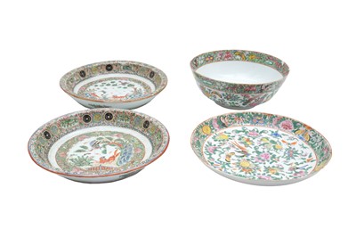 Lot 596 - A CHINESE CANTON FAMILLE-ROSE BOWL AND THREE DISHES