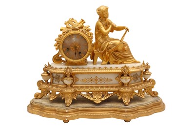 Lot 57 - A FRENCH GILT BRONZE AND MARBLE FIGURAL MANTEL CLOCK ON STAND