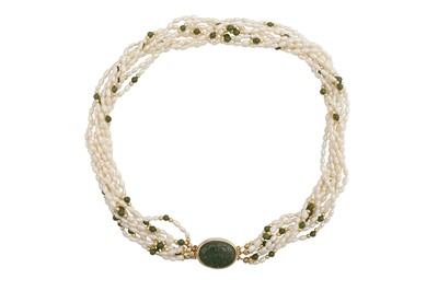 Lot 357 - A KESHI PEARL AND MALACHITE SILVER NECKLACE