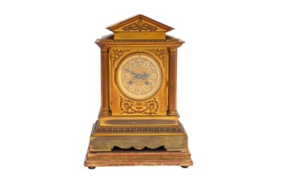 Lot 448 - A FRENCH EARLY 20TH CENTURY BRASS CLOCK GARNITURE SET OF ARCHITECTURAL FORM