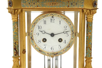 Lot 449 - A 19TH CENTURY FRENCH ORMOLU AND CLOISONNE FOUR GLASS MANTEL CLOCK