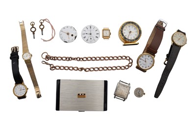 Lot 410 - A COLLECTION OF WATCHES, CLOCKS AND A 9CT ALBERT CHAIN