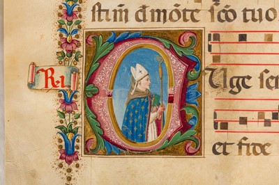 Lot 36 - Illuminated Mss. A Bishop-Saint. Historiated initial  on vellum.[1490]