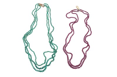 Lot 77 - A RUBY AND AN EMERALD BEADED NECKLACE