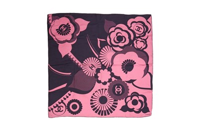 Lot 110 - Chanel Purple Geometric Camellia Print Silk Scarf