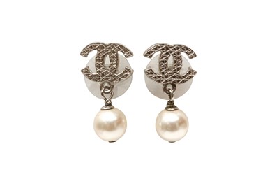 Lot 492 - Chanel Pearl CC Drop Pierced Earrings