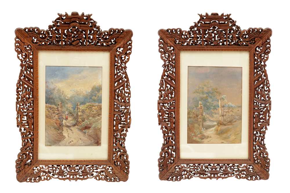Lot 67 - A PAIR OF CHINESE EXPORT CANTON FRAMES WITH WATERCOLOUR PAINTINGS