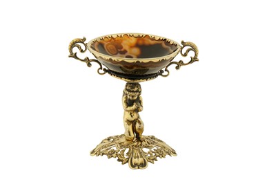 Lot 227 - A late 19th century unmarked silver gilt and agate bowl on stand, probably German or Austrian