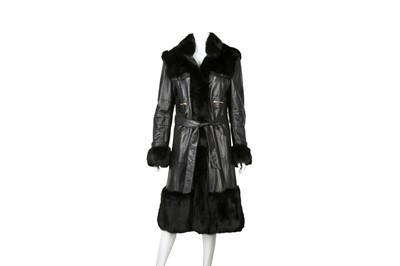 Lot 432 - Roberto Cavalli Black Leather Fur Trim Coat - Size 44