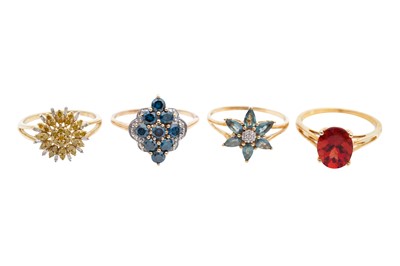 Lot 386 - A GROUP OF FOUR 9CT GOLD GEM SET RINGS