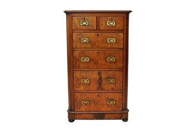 Lot 796 - A 19TH CENTURY CAMPAIGN STYLE WALNUT AND MAHOGANY NARROW CHEST OF DRAWERS