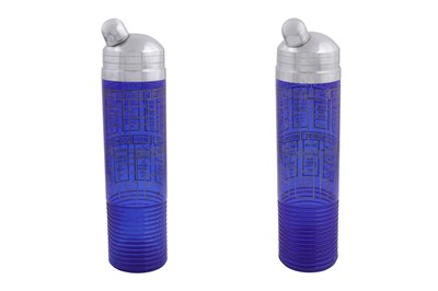Lot 31 - A PAIR OF ART DECO COBALT GLASS RECIPE COCKTAIL SHAKERS