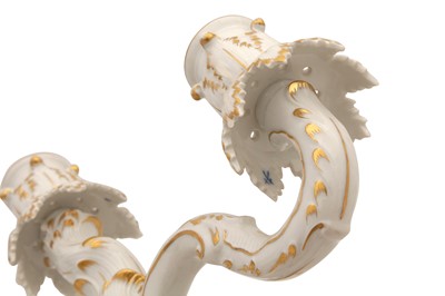 Lot 573 - A PAIR OF MEISSEN PORCELAIN ROCOCO STYLE PARCEL GILT CANDELABRA
