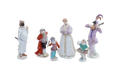 Lot 572 - A GROUP OF SIX MEISSEN PORCELAIN FIGURES, CHARACTERS FROM THE COMMEDIA DELL'ARTE