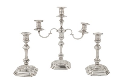 Lot 338 - A suite of George V sterling silver candlestick and candelabra set, London 1911/12 by Thomas Bradbury and Sons