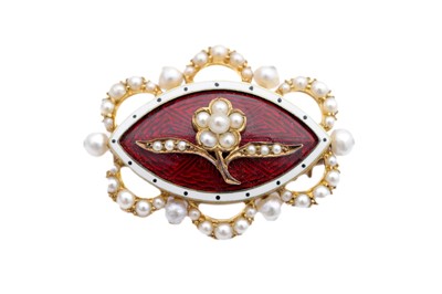 Lot 364 - A RED GUILLOCHE' ENAMEL AND PEARL BROOCH