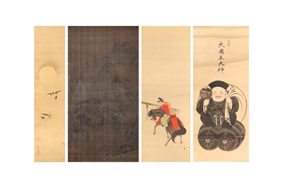 Lot 465 - THREE JAPANESE HANGING SCROLL PAINTINGS AND A CHINESE LANDSCAPE SCROLL PAINTING