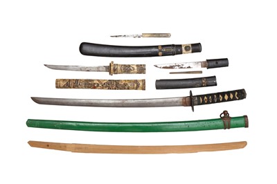 Lot 421 - A JAPANESE SWORD, A WOOD BLADE AND THREE DAGGERS