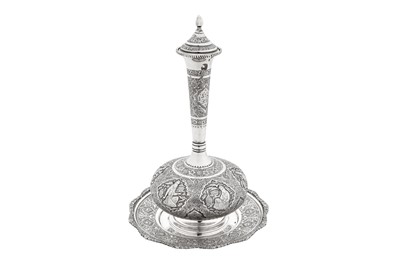 Lot 212 - A mid-20th century Persian (Iranian) silver bottle on stand, Isfahan circa 1960