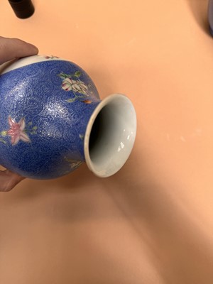 Lot 309 - A PAIR OF CHINESE FAMILLE-ROSE BLUE-GROUND SGRAFFITO VASES