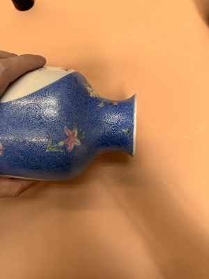 Lot 309 - A PAIR OF CHINESE FAMILLE-ROSE BLUE-GROUND SGRAFFITO VASES