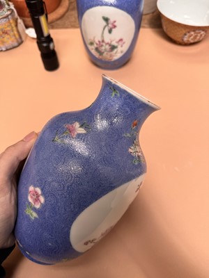 Lot 309 - A PAIR OF CHINESE FAMILLE-ROSE BLUE-GROUND SGRAFFITO VASES