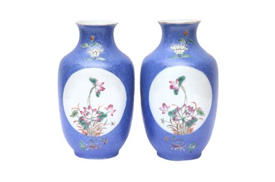Lot 309 - A PAIR OF CHINESE FAMILLE-ROSE BLUE-GROUND SGRAFFITO VASES