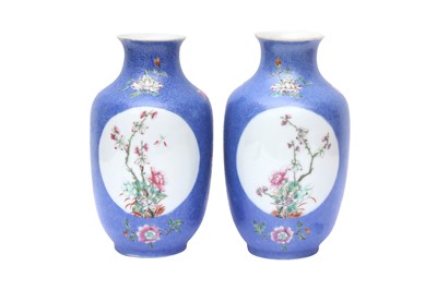 Lot 309 - A PAIR OF CHINESE FAMILLE-ROSE BLUE-GROUND SGRAFFITO VASES