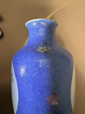 Lot 309 - A PAIR OF CHINESE FAMILLE-ROSE BLUE-GROUND SGRAFFITO VASES
