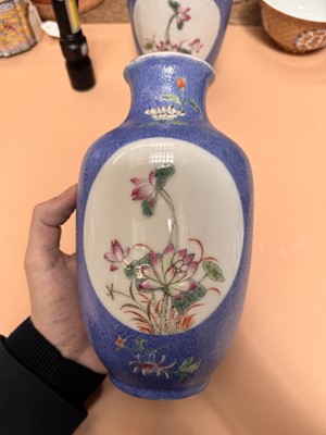 Lot 309 - A PAIR OF CHINESE FAMILLE-ROSE BLUE-GROUND SGRAFFITO VASES