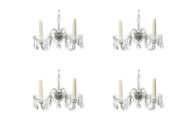Lot 660 - A SET OF FOUR CRYSTAL TWIN BRANCH WALL SCONCES, 20TH CENTURY