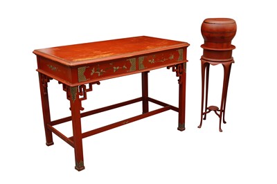 Lot 644 - A RED PAINTED CHINESE SIDE TABLE AND LIDDED JARDINIERE ON STAND
