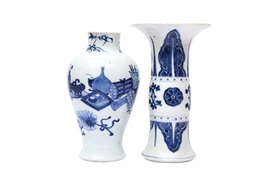 Lot 13 - A CHINESE BLUE AND WHITE GU VASE AND A 'HUNDRED ANTIQUES' BALUSTER VASE