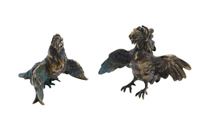 Lot 523 - A PAIR OF CAST BRONZE FIGURES OF FIGHTING COCKS