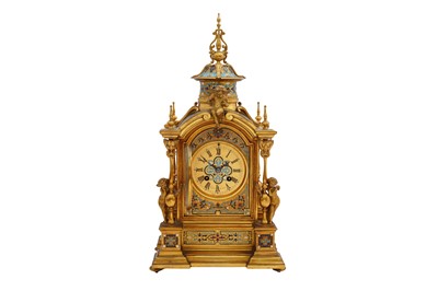 Lot 447 - A 19TH CENTURY FRENCH ORMULU & CHAMPLEVE ENAMEL CLOCK, JAPEY FRERES MOVEMENT