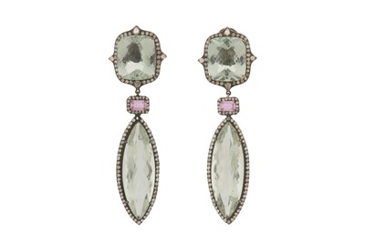 Lot 149 - A PAIR OF PRASIOLITE, PINK SAPPHIRE AND DIAMOND EARRINGS