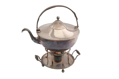 Lot 94 - A GEORGE III OLD SHEFFIELD SILVER PLATE THREE QUART KETTLE AND BURNER STAND, CIRCA 1800 BY WATSON AND BRADBURY