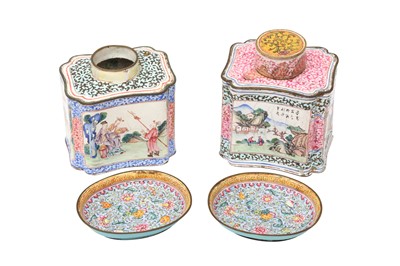 Lot 116 - TWO CHINESE CANTON ENAMEL TEA CADDIES AND TWO SMALL DISHES