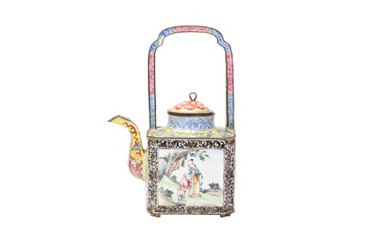 Lot 114 - A CHINESE CANTON ENAMEL 'SCHOLAR AND BOY' WINE POT AND COVER