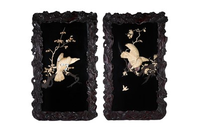 Lot 438 - A PAIR OF JAPANESE BONE AND MOTHER OF PEARL-INLAID LACQUER PANELS