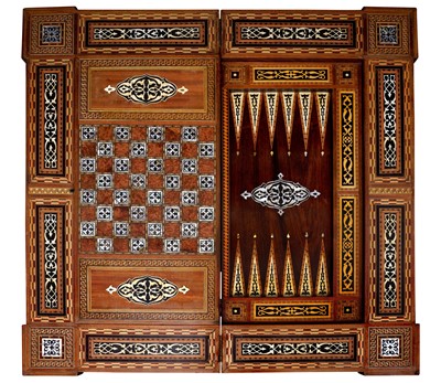 Lot 350 - AN EARLY 20TH CENTURY SYRIAN, DAMASCUS INLAID FOLDING GAMES TABLE